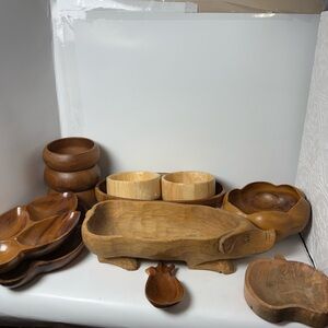 Vintage mid-century modern hand-carved monkey pod wood bowls and serving dishes